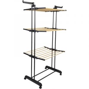 Etendoir Pliable à Roulettes 3 Niveaux Coloris Noir et Effet Bois - Altobuy