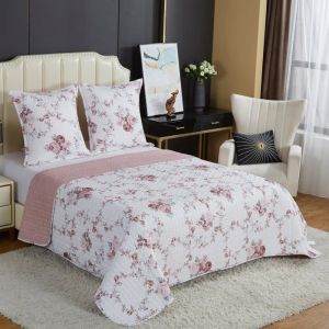 Couvre-lit Boutis épais matelassé - B-1-143 - 220x240cm - 2 Taies 65x65cm - Rose - Lavable