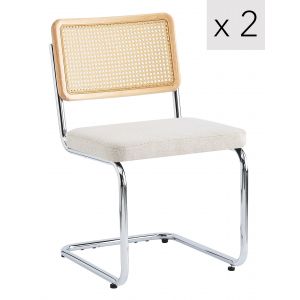 Lot de 2 chaises en m&eacute;tal et cannage avec assise en tissu beige