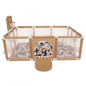 Parc Bébé Basket + 100 balles colorées - Selonis - Beige, Turquoise Foncé-Beige Pastel-Perle
