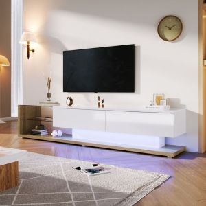 Meuble TV blanc laqu&eacute; et de tons bois&eacute;s, avec &eacute;clairage LED, 2 &eacute;tag&egrave;res, 2 tiroirs, meuble de salon, 170 x 36 x 68 cm
