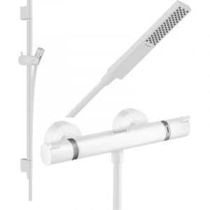 Hansgrohe Pack mitigeur douche thermostatique Ecostat Comfort + Barre Unica S Puro + flexible + Pommeau Pulsify E blanc mat