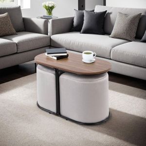 M&S Table basse ovale 78x39x45 cm noir et naturel + 2 poufs en velours gris