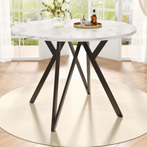Table &agrave; manger ronde pour 4 personnes, plateau en marbre, pieds en m&eacute;tal, id&eacute;ale pour la cuisine/salon, 100&times;100&times;76 cm, MDF, blanc et noir