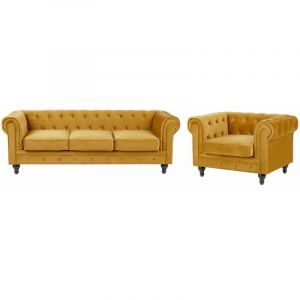 Image de Beliani Ensemble canapé et fauteuil en velours jaune moutarde CHESTERFIELD