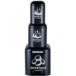 Relaxdays Bo&icirc;tes conservation pommes de terre, oignons, ail &mdash; lot 3, m&eacute;tal, couvercle ventil&eacute;, noir