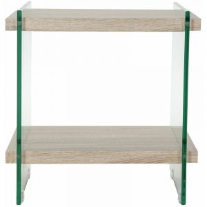 Pegane Table de chevet / table de nuit coloris naturel en MDF et verre trempe - Longueur 50 x profondeur 50 x hauteur 49 cm -