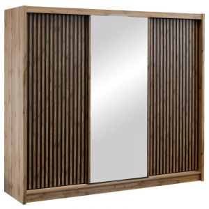 Vente-unique - Armoire 3 portes coulissantes - Avec miroir - L250 cm - Coloris : Naturel et noir - calowi