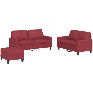 VidaXL Ensemble de Canapés avec Coussins 3 pcs, Canapés avec Accoudoirs et Dossier, Ensemble de Meubles avec Repose-pied Salon, Moderne, Rouge Bordeaux Similicuir
