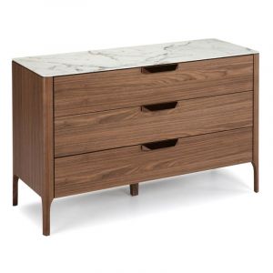 Commode placage noyer avec plateau effet marbre calacatta