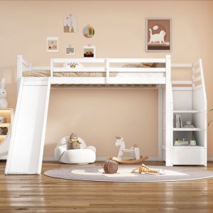 Oem Lit Mezzanine Enfant avec Toboggan 90x200cm - Hauteur 155cm avec &Eacute;chelle de Stockage - Structure Pin Massif et MDF - Pour 6+ Ans