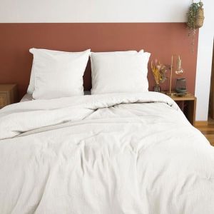 Parure de lit Effet Gaze de Coton 220x240 cm  - Housse de Couette 220x240 cm + 2 Taies d'oreiller 63x63 cm bi-matière blanche