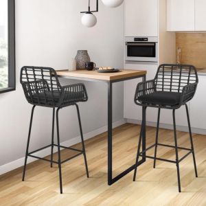 Idmarket Lot de 2 tabourets de bar SUMMER avec accoudoirs effet rotin noir pied métal noir