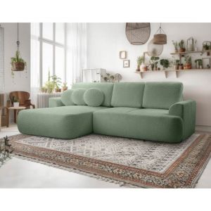 Canapé d'angle gauche convertible 4 places en tissu bouclette vert
