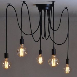 Lustre Suspension Araignee Design Industriel, Rétro Douille E27 Têtes Éclairage Lumières Plafonniers sans Ampoule Noir, DIY Corde Ajustable - 1.5m