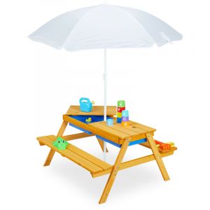 Relaxdays Table de jardin pour enfants, en bois, bacs pour jouer avec l eau et le sable, parasol inclus, orange