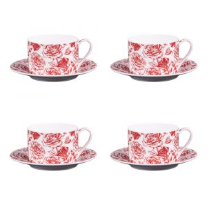 Coffret de 4 tasses à thé avec sous tasses 18 cl Louise - Table Passion - Rouge - Porcelaine