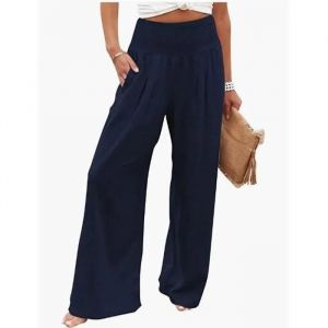 Pantalon Femme Lin - Taille Haute - Bleu - Baggy