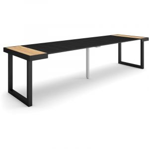 Table console extensible, Console meuble, 300, Pour 14 personnes, Pieds bois massif, Style moderne, Chêne et noir - Skraut Home