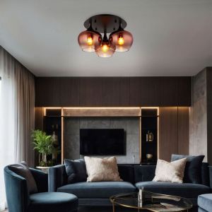 Globo Lighting Globo - Lampe de plafond verre fumé lampe de salon plafonnier rond boule de verre chambre à coucher, métal noir cuivré, 3x E27, DxH 45x25,5 cm