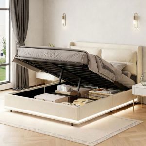 Lit 140x190 cm, lit coffre avec LED, cadre de lit adulte avec sommier &agrave; lattes, tissu en velours, 140x190 cm, Beige