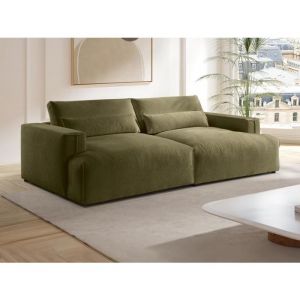 Canapé 4 places confort assise profonde en tissu chenille vert kaki COLYSIA
