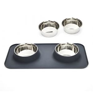 Penguin Home Tapis d'alimentation en silicone gris antidérapant avec 4 bols en acier inoxydable (2 + 2) Tapis imperméable de qualité alimentaire pour animaux de compagnie