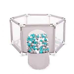 Selonis Parc Bébé Hexagonal Pliable Avec 200 Balles Plastiques, Gris:Gris/Blanc/Turquoise