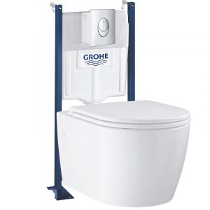 Grohe Pack WC suspendu sans bride Start Round Ceramic + abattant frein de chute + B&acirc;ti-support mur + Plaque chrom&eacute;