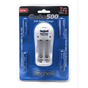 Beghelli Kit chargeur de batterie compact avec 2pcs AA 1500mAh + 2pcs AAA 800mAh Carica500