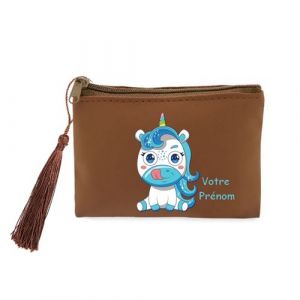 Porte monnaie et porte cles marron Taperso avec motif licorne bleu personnalisable