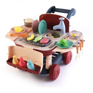 Cuisine pour Enfants 2 en 1 avec Circuit d'Eau Robincool Kitchen Cart 39x23x27 cm Caddie de Courses, Lumières avec 14 Accessoires