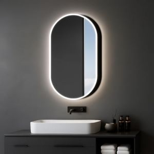 Armoire de Toilette Lumineuse Talos Oval Vento 45x80 cm Noir - Meuble de Salle de Bain avec Miroir et 2 étagères - Aluminium - Fond Miroir