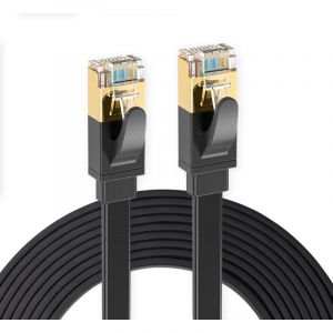 Elfcam - 10m CAT7 Câble Réseau Ethernet RJ45, Cat 7 STP 100% Cuivre, Câble Plat, 32 AWG, Noir (10M)