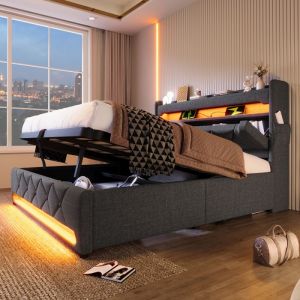 Lit coffre capitonn&eacute; 160x200cm - avec LED et Ports de charge USB - tissu en Lin - t&ecirc;te de lit avec espace de rangement - Gris