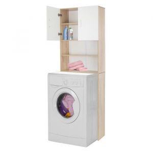 Meuble pour Machine à Laver 190x62,5 cm Blanc/Chêne Sonoma 2 Portes 2 Compartiments Ouverts Armoire Haute Salle de Bain Lave-Linge Sèche-Linge