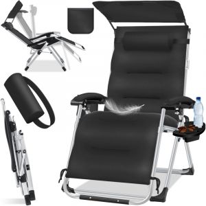 Chaise longue de jardin, r&eacute;sistante aux intemp&eacute;ries, charge maximale 200kg, dossier r&eacute;glable avec coussin pour la nuque, porte-boisson et coussin