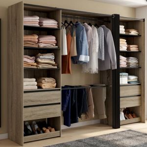 Idmarket Dressing double XXL MERYL 220 cm hêtre avec porte pantalons + étagères + tiroirs + rangements à chaussures et noir