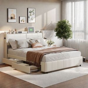 Lit coffre double 160x200 cm, Lit 160x200cm, Lit adulte avec sommier &agrave; lattes et 4 tiroirs, T&ecirc;te de lit avec rangement et USB, Beige