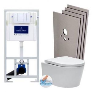 Villeroy & Boch Pack WC Bâti-support + WC SAT sans bride et fixations invisibles + Plaque chrome + Set habillage