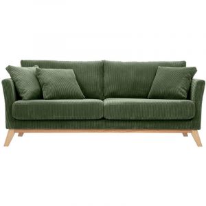 Miliboo Canap&eacute; scandinave d&eacute;houssable 3 places en tissu velours c&ocirc;tel&eacute; vert kaki et bois clair oslo