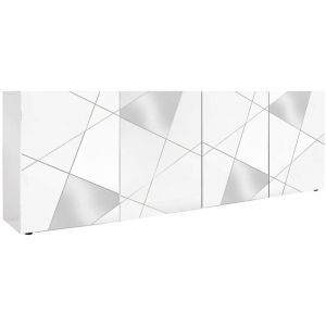 ORIANA - Buffet 4 Portes Finition Blanc Laqué Weiss avec Sérigraphies et Miroirs