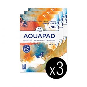 Clairefontaine 975720Cpack - Bloc Encoll&eacute; Goldline Aquapad - 70 Feuilles Papier Aquarelle Blanc Grain Moyen Fin A5 14,8x21 cm 300g - Id&eacute;al pour la Technique Humide - Paquet de 3 Blocs