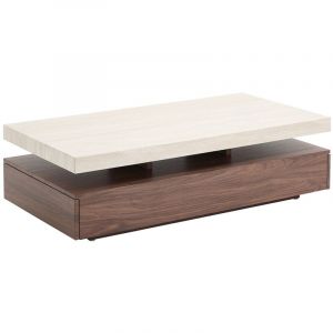 Table basse avec 2 tiroirs en MDF - Effet travertin et naturel fonc&eacute; - FELIX