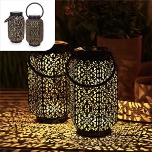 Gadgy Lanterne Solaire Exterieur Orientale | Lot De 2 | Eclairage De Jardin A LED| Lampe De Table, Terrasse Et Balcon | Metal Noir Et Or | Décoration Marocaines