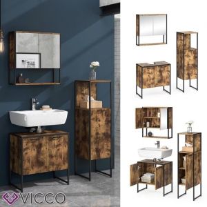 Vicco - Ensemble meuble de salle de bain "Fyrk" Vieux bois/Noir lot de 3