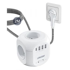 LENCENT Cube rallonge &eacute;lectrique multiprise 2M avec 4 Prises AC3 USB et 1 Type CFiche PlateProtection Contre Les surtensions a