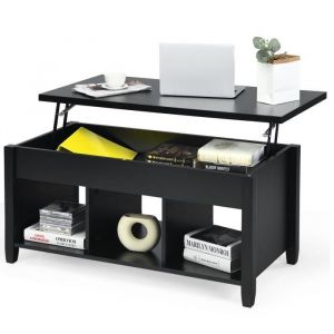COSTWAY Table Basse avec Plateau Relevable avec 3 Compartiments Ouverts et Dispositif de Levage Pneumatique pour Salon Bureau, Noir
