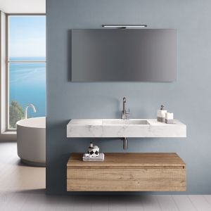 Ensemble suspendu simple vasque YOKA 120 cm - 1 tiroir + miroir + applique LED - effet marbre et chêne miel