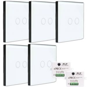 Kit interrupteur sans fil tactile pr&ecirc;t &agrave; poser - 5 interrupteurs DOUBLE ALLUMAGE sans fil silencieux + 2 mini module radio encastrable